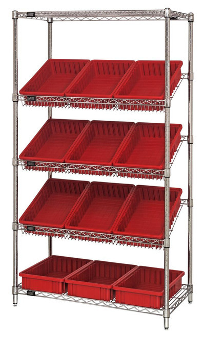 Slanted Wire Shelving Units With Bins