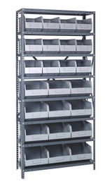 2475-483485GY Shelving Unit, 24"D x 36"L x 75"H, heavy duty, 400 lb. load capacity per shelf, includes: (8) shelves, (12) 20-1/2"L x 8-1/4"W x 7"H (SSB483) and (12) 20-1/2"L x 11"W x 7"H (SSB485) gray black bins, uprights and cross bars