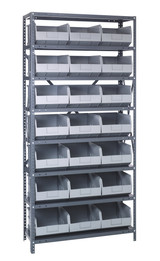1275-445GY Shelving Unit, 12"D x 36"L x 75"H, heavy duty, 400 lb. load capacity per shelf, includes: (8) shelves, (21) 14"L x 11"W x 7"H (SSB445) gray black bins, uprights and cross bars, galvanized steel finish