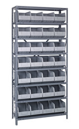 2475-483GY Shelving Unit, 24"D x 36"L x 75"H, heavy duty, 400 lb. load capacity per shelf, includes: (8) shelves, (28) 20-1/2"L x 8-1/4"W x 7"H (SSB483) gray black bins, uprights and cross bars, galvanized steel finish