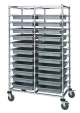 BC214069M2DGY Bin Cart, mobile, double bay, 24"W x 40"L x 69"H, includes: (22) 22-1/2"L x 17-1/2"W x3"H  (DG93030) gray bin, chrome plated finish, shipped KD