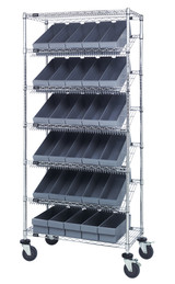 MWRS-7-602GY Bin Systems Unit, mobile, 36"L x 18"W x 80"H, includes: (4) posts, (2) flat wire shelves, (5) slanted wire shelves, (30) 17-5/8"L x 5-9/16"W x 4-5/8"H gray bins (QED602) & (4) 5" swivel polyurethane casters (2 with brakes)