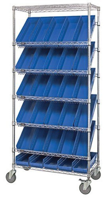 Slanted Wire Shelving Unit 18D x 36W x 74with 48 QSB103 Bins 