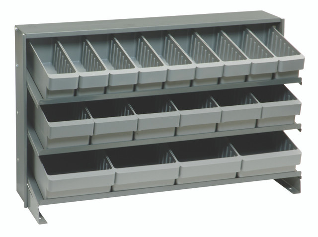 QPRHA-567GY Pick Rack, slopped, bench style, 12-1/2"L x 36"W x 23"H, 250 lbs. capacity, (3) shelves configuration, includes: (27) QED501 gray bins