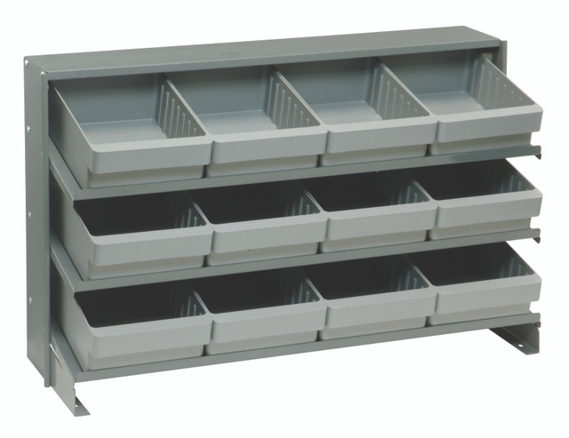 QPRHA-701GY Pick Rack, slopped, bench style, 12-1/2"L x 36"W x 23"H, 250 lbs. capacity, (3) shelves configuration, includes: (12) QED701 gray bins