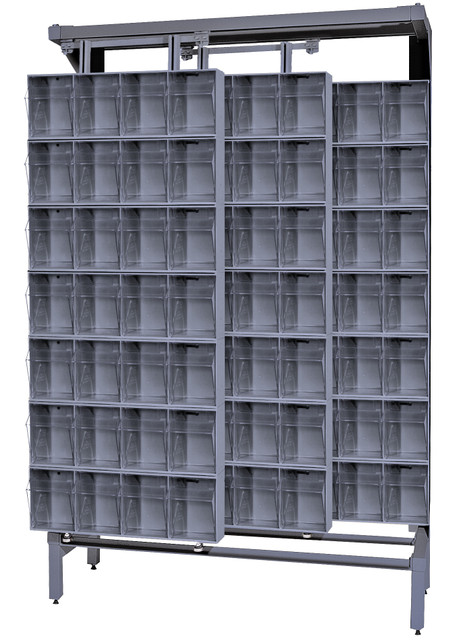 QS-304-28GY Free Standing Slider, 18"D x 48"W x 77"H, 2000 lbs load capacity, made of though 14 gauge steel, includes: (28) QTB304 tip out gray bins