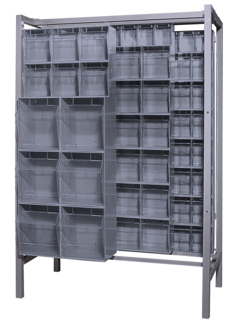 QS-BIG-101GY Free Standing Slider, 26"D x 51-1/4"W x 77"H, 2000 lbs load capacity, made of though 14 gauge steel, includes: (3) QTB302, (8) QTB303, (14) QTB304 and (3) QTB305 tip out gray bins