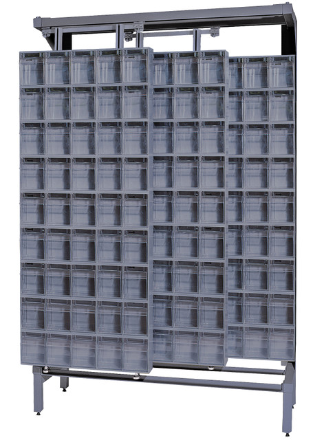 QS-305-36GY Free Standing Slider, 18"D x 48"W x 77"H, 2000 lbs load capacity, made of though 14 gauge steel, includes: (36) QTB305 tip out gray bins