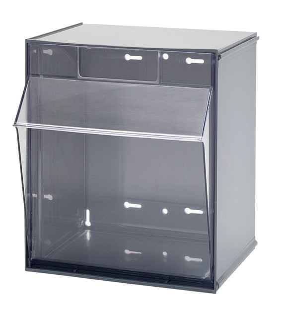 QTB301GY Tip Out Bin, (1) compartment, handle with label slot, opens to a 45° angle, plastic clear container, polystyrene gray cabinet, Made in USA