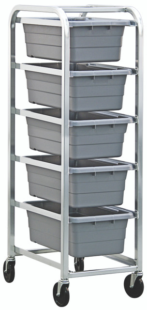 TR5-2516-8GY Tub Rack, mobile, 60 lb. weight capacity per bin, end loading, holds (5) TUB2516-8 gray tubs (included), welded aluminum construction, (4) 5" swivel polyolefin casters