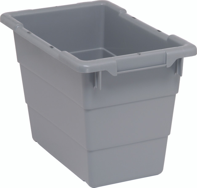 TUB1711-12GY Cross Stack Tub, 5.51 gallon capacity, 100 lb. weight capacity, built-in handle grips, bottom grooves for cross stacking, 1/4" drill hole pattern on bottom, polypropylene, gray, Made in USA