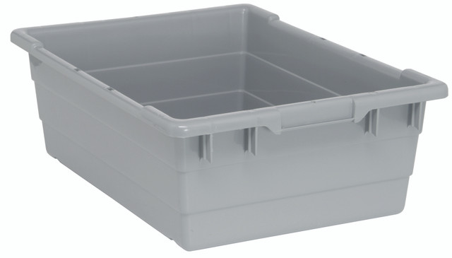 TUB2417-8GY Cross Stack Tub, 9.81 gallon capacity, 100 lb. weight capacity, built-in handle grips, bottom grooves for cross stacking, 1/4" drill hole pattern on bottom, polypropylene, gray, Made in USA
