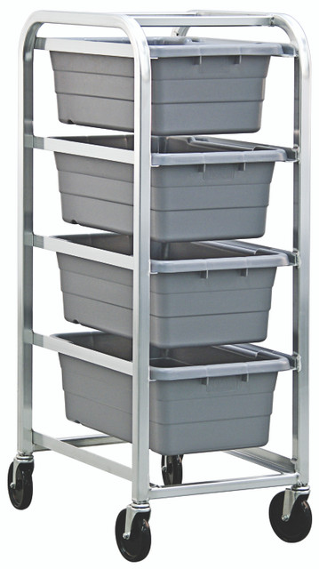 TR4-2516-8GY Tub Rack, mobile, 60 lb. weight capacity per bin, end loading, holds (4) TUB2516-8 gray tubs (included), welded aluminum construction, (4) 5" swivel polyolefin casters