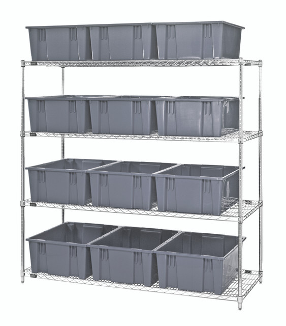 WR4-12225GY Bin Wire Shelving System, 66"L x 24"D x 63"H, 800 lbs load capacity per shelf, includes: (4) shelves and (12) SNT225 gray containers, chrome plated finish, shipped KD