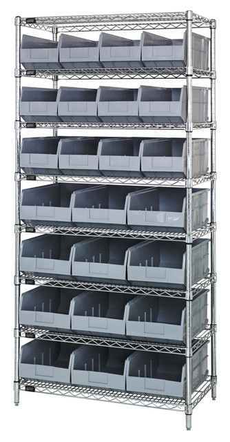 WR8-483485GY Bin Wire Shelving System, 36"W x 21"D x 74"H, 800 lbs load capacity per shelf, includes: (8) shelves, (12) SSB483 and (12) SSB485 gray bins, chrome plated finish, shipped KD