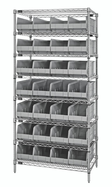 WR8-483GY Bin Wire Shelving System, 36"W x 21"D x 74"H, 800 lbs load capacity per shelf, includes: (8) shelves and (28) SSB483 gray bins, chrome plated finish, shipped KD
