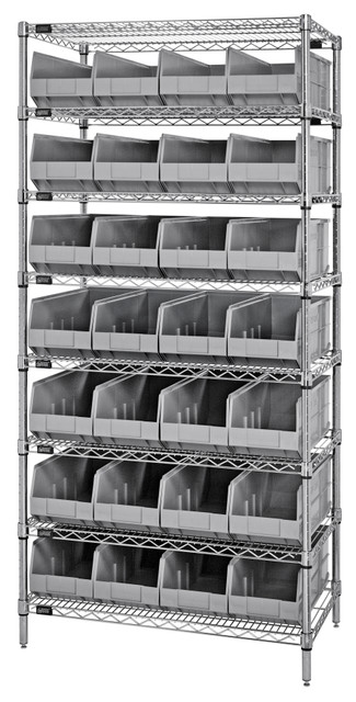 WR8-463GY Bin Wire Shelving System, 36"W x 18"D x 74"H, 800 lbs load capacity per shelf, includes: (8) shelves and (28) SSB463 gray bins, chrome plated finish, shipped KD