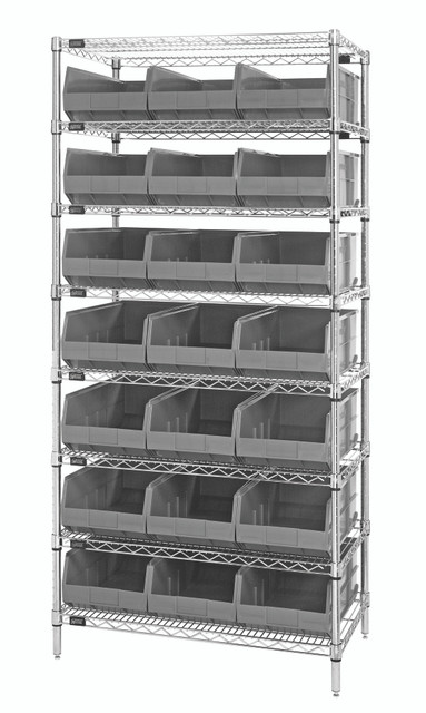 WR8-485GY Bin Wire Shelving System, 36"W x 21"D x 74"H, 800 lbs load capacity per shelf, includes: (8) shelves and (21) SSB485 gray bins, chrome plated finish, shipped KD
