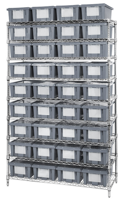 WR9-36180GY Bin Wire Shelving System, 48"W x 18"D x 74"H overall size, 800 lb. capacity per shelf, includes: (9) wire shelves, (4) posts, and (36) SNT180 gray containers, chrome plated finish