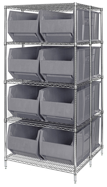 WRA86-2154C-166GY RackBin 42" Container Wire Shelving System, 42"D x 54"W x 86"H, includes: 5-tier of shelving and (12) QRB166 gray containers, chrome plated finish, shipped KD