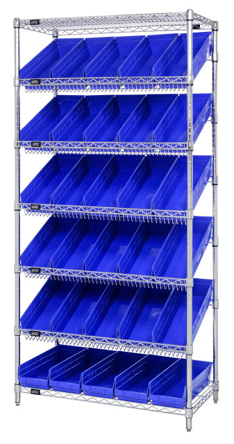 Slanted Wire Shelving Unit 18"D x 36"W x 74"with 30 QSB104 Bins