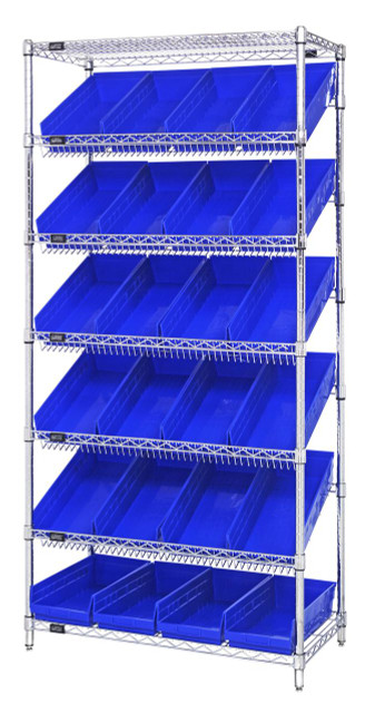 Slanted Wire Shelving Unit 18"D x 36"W x 74"with 24 QSB108 Bins