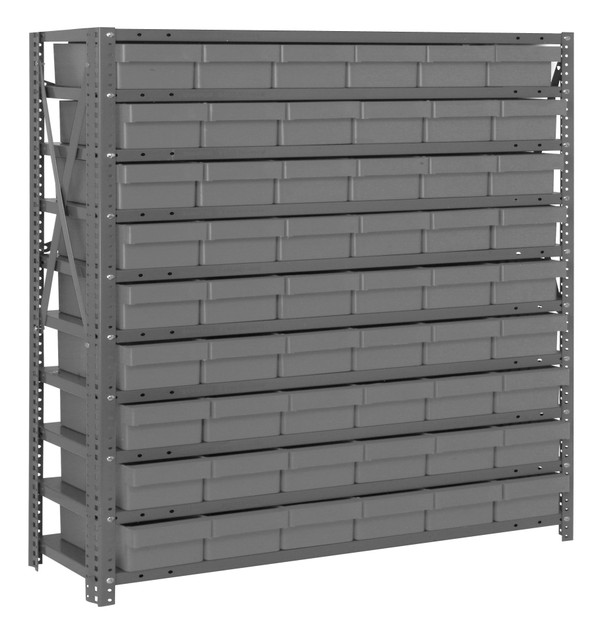 1239-401GY Shelving Unit, 12"D x 36"L x 39"H, heavy duty, 400 lb. load capacity per shelf, includes: (10) shelves, (54) 11-5/8"L x 5-9/16"W x 2-1/8"H (QED401) clear black bins, uprights and cross bars, galvanized steel finish
