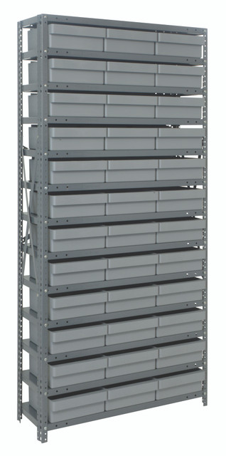 1275-801GY Shelving Unit, 12"D x 36"L x 75"H, heavy duty, 400 lb. load capacity per shelf, includes: (13) shelves, (36) 11-5/8"L x 11-1/8"W x 4-5/8"H (QED801) gray black bins, uprights and cross bars, galvanized steel finish