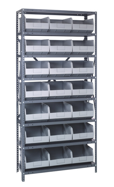 1275-425GY Shelving Unit, 12"D x 36"L x 75"H, heavy duty, 400 lb. load capacity per shelf, includes: (8) shelves, (21) 12"L x 11"W x 7"H (SSB425) gray black bins, uprights and cross bars, galvanized steel finish