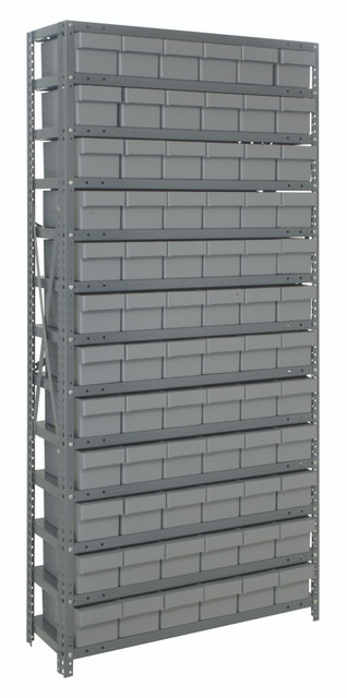 1275-601GY Shelving Unit, 12"D x 36"L x 75"H, heavy duty, 400 lb. load capacity per shelf, includes: (13) shelves, (72) 11-5/8"L x 5-9/16"W x 4-5/8"H (QED601) gray black bins, uprights and cross bars, galvanized steel finish