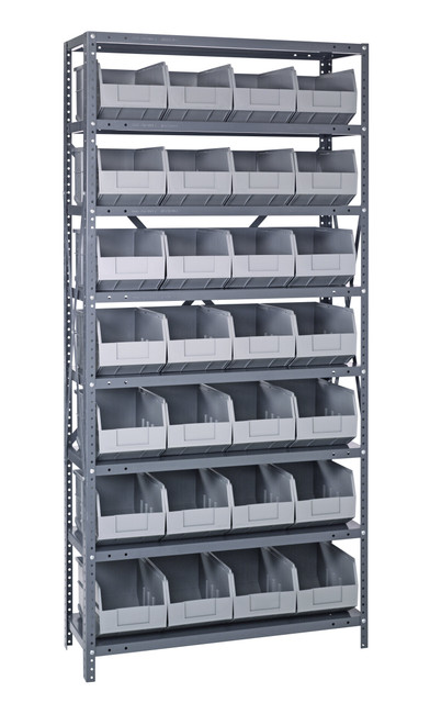 2475-483GY Shelving Unit, 24"D x 36"L x 75"H, heavy duty, 400 lb. load capacity per shelf, includes: (8) shelves, (28) 20-1/2"L x 8-1/4"W x 7"H (SSB483) gray black bins, uprights and cross bars, galvanized steel finish