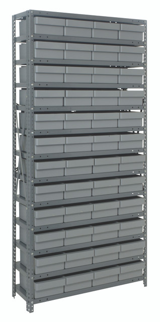 1875-606GY Shelving Unit, 18"D x 36"L x 75"H, heavy duty, 400 lb. load capacity per shelf, includes: (13) shelves, (48) 17-7/8"L x 8-3/8"W x 4-5/8"H (QED606) gray black bins, uprights and cross bars, galvanized steel finish