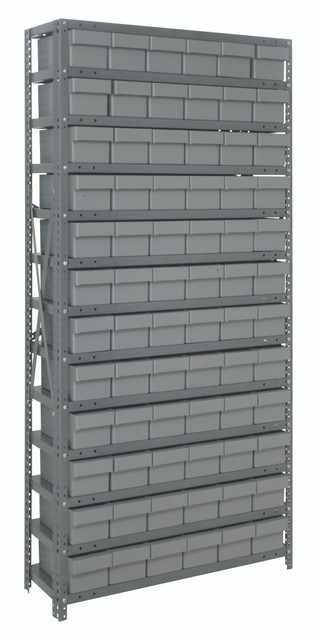 2475-603GY Shelving Unit, 24"D x 36"L x 75"H, heavy duty, 400 lb. load capacity per shelf, includes: (13) shelves, (72) 24"L x 5-9/16"W x 4-5/8"H (QED603) gray black bins, uprights and cross bars, galvanized steel finish