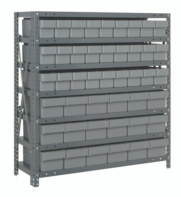 1839-624GY Shelving Unit, 18"D x 36"L x 39"H, heavy duty, 400 lb. load capacity per shelf, includes: (7) shelves, (27) 17-7/8"L x 3-3/4"W x 4-5/8"H (QED604) and (18) 17-7/8"L x 5-9/16"W x 4-5/8"H (QED602) gray black bins, uprights and cross bars