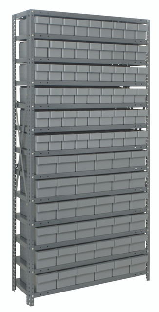 1875-624GY Shelving Unit, 18"D x 36"L x 75"H, heavy duty, 400 lb. load capacity per shelf, includes: (13) shelves, (54) 17-7/8"L x 3-3/4"W x 4-5/8"H (QED604) and (36) 17-7/8"L x 5-9/16"W x 4-5/8"H (QED602) gray black bins, uprights and cross bars