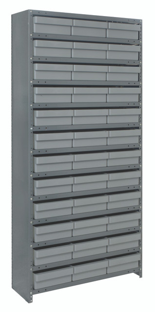CL1275-801GY Shelving Unit, closed, 12"D x 36"L x 75"H, heavy duty, 400 lb. load capacity per shelf, includes: (13) shelves, (36) 11-5/8"L x 11-1/8"W x 4-5/8"H (QED801) gray black bins, uprights and cross bars, galvanized steel finish