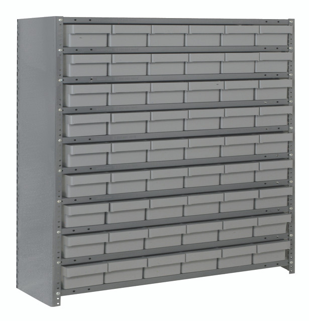 CL1239-401GY Shelving Unit, closed, 12"D x 36"L x 39"H, heavy duty, 400 lb. load capacity per shelf, includes: (10) shelves, (54) 11-5/8"L x 5-9/16"W x 2-1/8"H (QED401) clear black bins, uprights and cross bars, galvanized steel finish