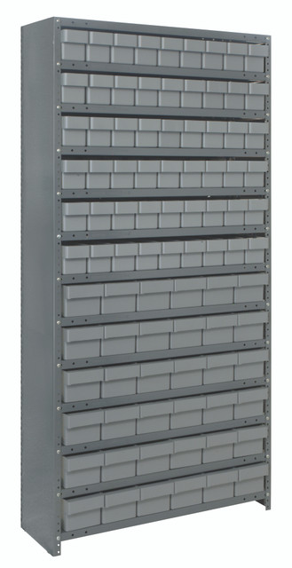 CL1875-624GY Shelving Unit, closed, 18"D x 36"L x 75"H, heavy duty, 400 lb. load capacity per shelf, includes: (13) shelves, (54) 17-7/8"L x 3-3/4"W x 4-5/8"H (QED604) and (36) 17-7/8"L x 5-9/16"W x 4-5/8"H (QED602) gray black bins