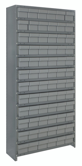 CL1275-601GY Shelving Unit, closed, closed, 12"D x 36"L x 75"H, heavy duty, 400 lb. load capacity per shelf, includes: (13) shelves, (72) 11-5/8"L x 5-9/16"W x 4-5/8"H (QED601) gray black bins, uprights and cross bars, galvanized steel finish