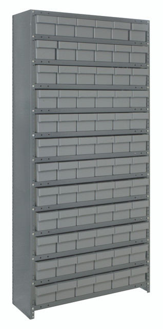 CL1875-602GY Shelving Unit, closed, 18"D x 36"L x 75"H, heavy duty, 400 lb. load capacity per shelf, includes: (13) shelves, (72) 17-7/8"L x 5-9/16"W x 4-5/8"H (QED602) gray black bins, uprights and cross bars, galvanized steel finish