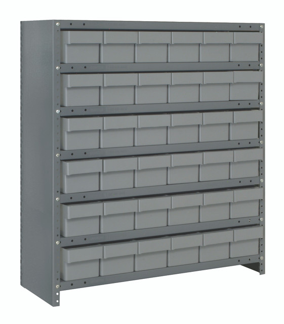 CL2439-603GY Shelving Unit, closed, 24"D x 36"L x 39"H, heavy duty, 400 lb. load capacity per shelf, includes: (7) shelves, (36) 24"L x 5-9/16"W x 4-5/8"H (QED603) gray black bins, uprights and cross bars, galvanized steel finish