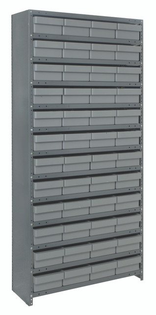 CL1875-606GY Shelving Unit, closed, 18"D x 36"L x 75"H, heavy duty, 400 lb. load capacity per shelf, includes: (13) shelves, (48) 17-7/8"L x 8-3/8"W x 4-5/8"H (QED606) gray black bins, uprights and cross bars, galvanized steel finish
