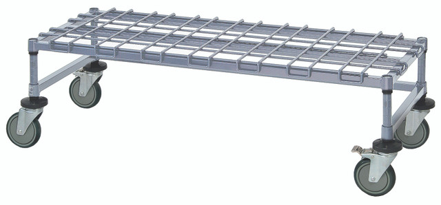 M18486DGY Dunnage Platform Rack, wire, mobile, 48"W x 18"D x 14"H, (1) dunnage shelf, (1) 3-sided frame, (4) 6" posts, (4) donut bumpers and (4) 5" swivel polyurethane casters (2 with brakes), gray epoxy antimicrobial finish, NSF