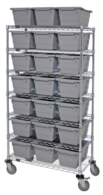 MWR7-1711-8GY Bin System Unit, mobile, 60"W x 18"D x 69"H, includes (7) wire shelves, (24) 17-1/4"L x 11"W x 8"H (TUB1711-8) gray bin and (4) 5" swivel casters, (2) with brake, chrome plated finish, shipped KD