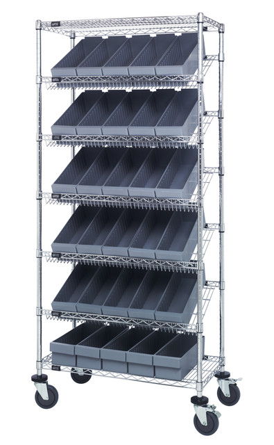MWRS-7-602GY Bin Systems Unit, mobile, 36"L x 18"W x 80"H, includes: (4) posts, (2) flat wire shelves, (5) slanted wire shelves, (30) 17-5/8"L x 5-9/16"W x 4-5/8"H gray bins (QED602) & (4) 5" swivel polyurethane casters (2 with brakes)