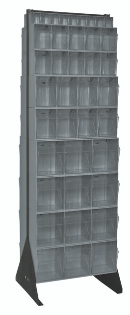 QFS270-72GY Tip Out Bin Floor Stand, double sided, 20-1/4"D x 23-5/8"W x 75"H, includes: (8) QTB303, (4) QTB304, (4) QTB305 and (2) QTB306 gray bins, 14 gauge steel, black coated finish