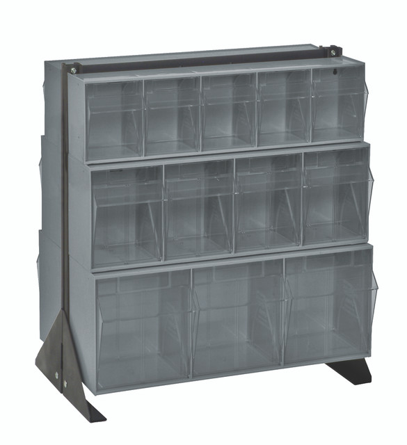 QFS224-24GY Tip Out Bin Floor Stand, double sided, 20-1/4"D x 23-5/8"W x 28"H, includes: (2) QTB303, (2) QTB304 and (2) QTB305 gray bins, 14 gauge steel, black coated finish