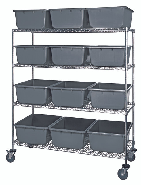 MWR4-2419-9GY Bin System Unit, mobile, 60"W x 24"D x 69"H, includes (4) wire shelves, (12) 24-1/2"L x 19"W x 9-1/2"H (TUB2419-9) gray bin and (4) 5" swivel casters, (2) with brake, chrome plated finish, shipped KD