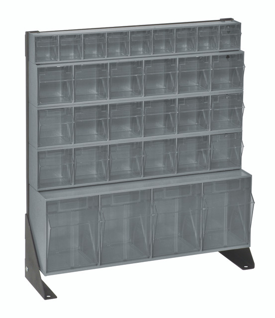 QFS124-31GY Tip Out Bin Floor Stand Unit, single sided, 10"D x 23-5/8"W x 28"H, includes: (1) QTB304, (1) QTB309 and (3) QTB603 gray bins, 14 gauge steel, black coated finish
