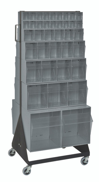 QFS248-76+QFS400GY Tip Out Bin Floor Stand, double sided, mobile, 20-1/4"D x 23-5/8"W x 55"H, 500 lbs. load capacity, includes: (2) QTB302, (2) QTB303, (2) QTB304, (2) QTB305, (2) QTB306, (4) QTB309 gray bins and caster kit, 14 gauge steel